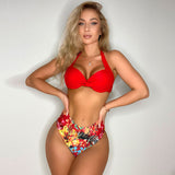 Floral Twist Front Underwire Halter Brazilian Two Piece Bikini Swimsuit