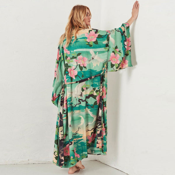 Flowy Belted Floral Print Sleeved Maxi Brazilian Beach Cover Up