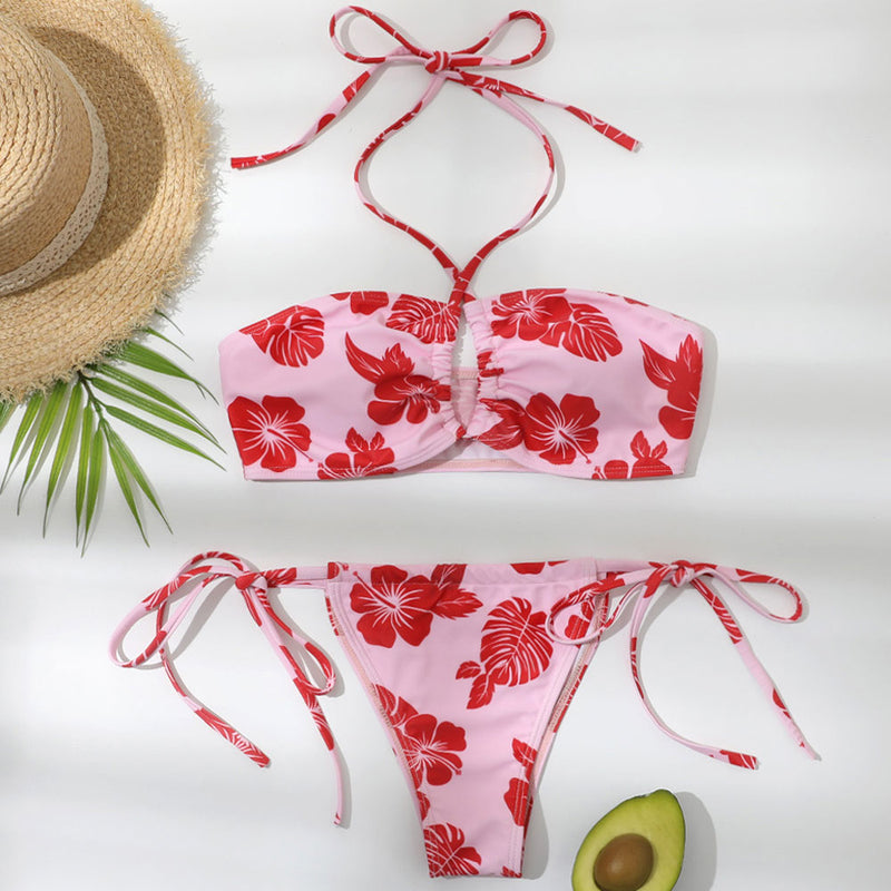 Fresh Floral Print Side Triangle String Brazilian Two Piece Bikini Swimsuit