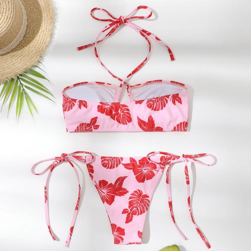 Fresh Floral Print Side Triangle String Brazilian Two Piece Bikini Swimsuit