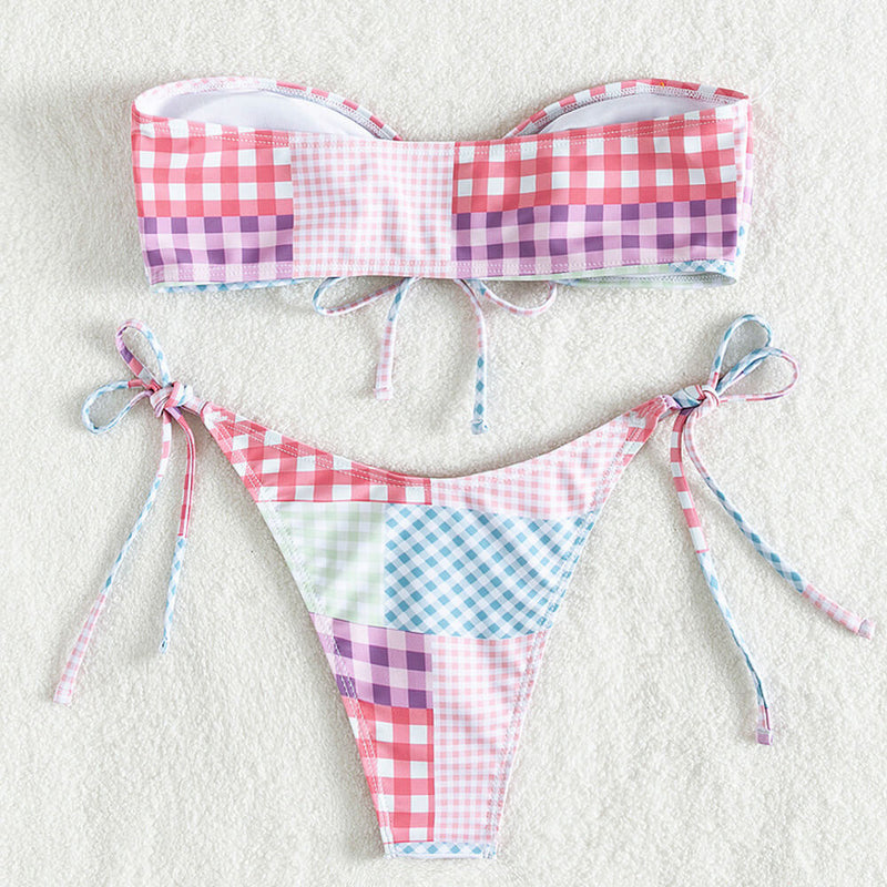 Gingham Patchwork Tie String Bandeau Brazilian Two Piece Bikini Swimsuit