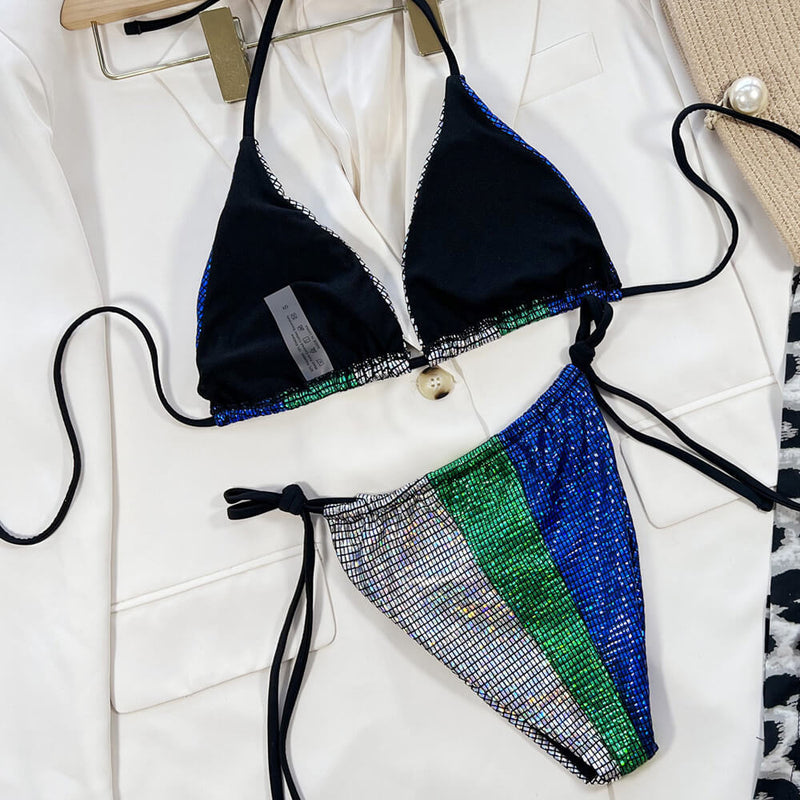 Glitter Color Panel Gingham Slide Triangle Brazilian Two Piece Bikini Swimsuit