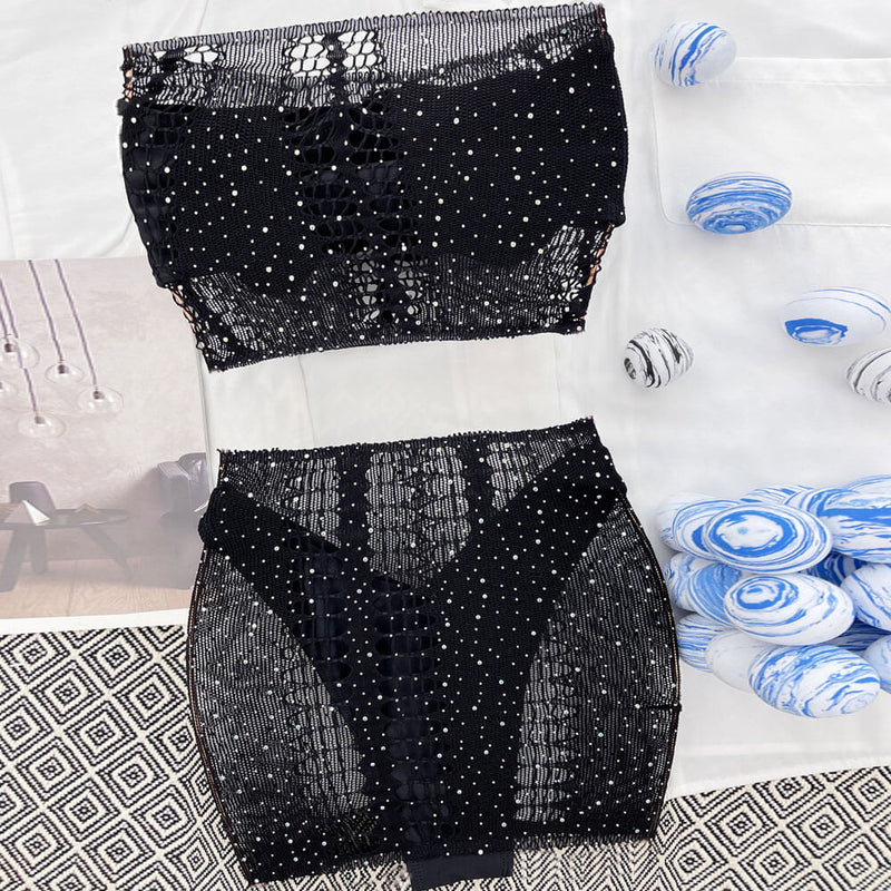 Glitter Crystal Slashed Mesh High Cut Bandeau Brazilian Four Piece Bikini Swimsuit