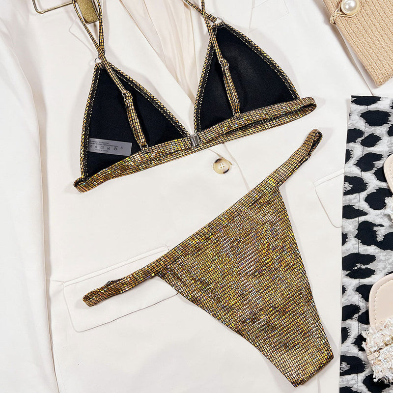 Glitter Gingham Print Cheeky High Cut Triangle Brazilian Two Piece Bikini Swimsuit