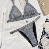 Glitter Gingham String Halter Triangle Brazilian Two Piece Bikini Swimsuit