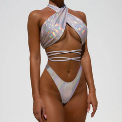 Glitter High Cut Cross Wrap Brazilian Two Piece Bikini Swimsuit