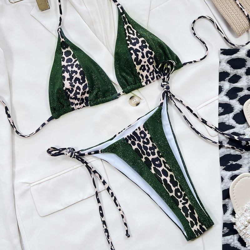 Glitter Leopard Tie String Slide Triangle Brazilian Two Piece Bikini Swimsuit