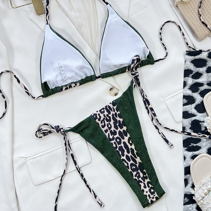 Glitter Leopard Tie String Slide Triangle Brazilian Two Piece Bikini Swimsuit