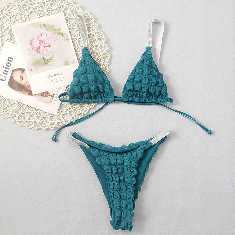 Glitter String Smocked Popcorn Slide Triangle Brazilian Two Piece Bikini Swimsuit