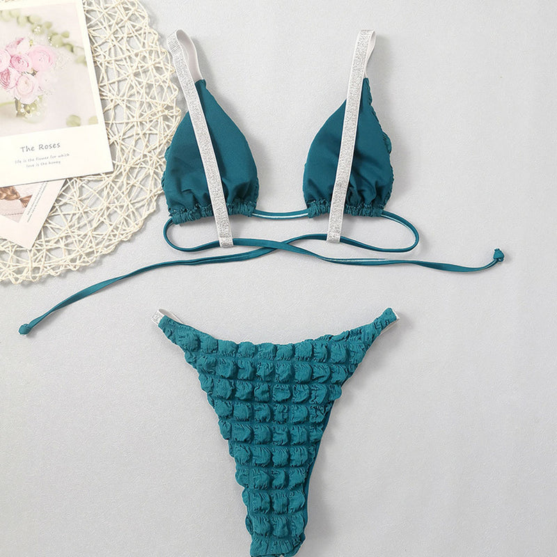 Glitter String Smocked Popcorn Slide Triangle Brazilian Two Piece Bikini Swimsuit