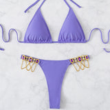 Glittering Crystal Trim Slide Triangle Thong Brazilian Two Piece Bikini Swimsuit