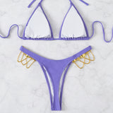 Glittering Crystal Trim Slide Triangle Thong Brazilian Two Piece Bikini Swimsuit
