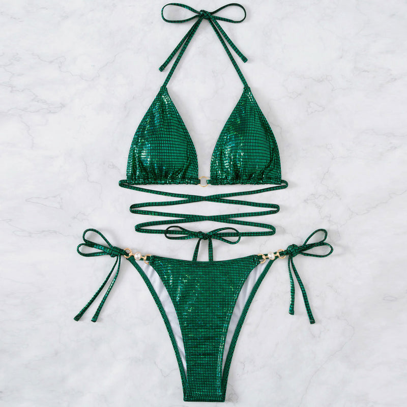 Glossy Checked Metallic Trim Triangle Halter Brazilian Two Piece Bikini Swimsuit