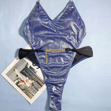 Glossy High Cut Metallic Chain Low Back Thong Brazilian One Piece Swimsuit