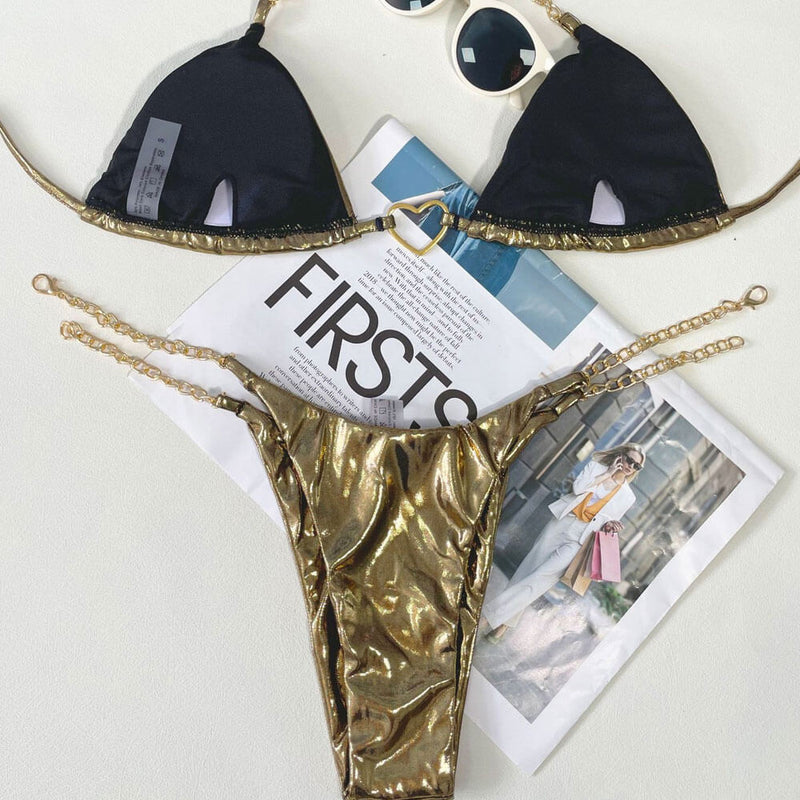 Glossy Metallic Chain Slide Triangle Brazilian Two Piece Bikini Swimsuit