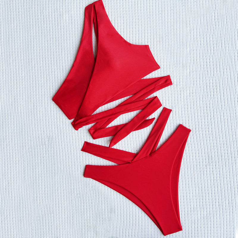 Gorgeous High Cut Cutout Twisted One Shoulder Brazilian Two Piece Bikini Swimsuit