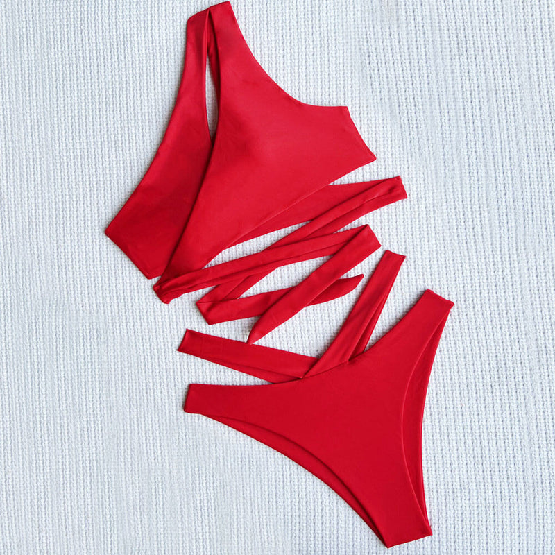 Gorgeous High Cut Cutout Twisted One Shoulder Brazilian Two Piece Bikini Swimsuit