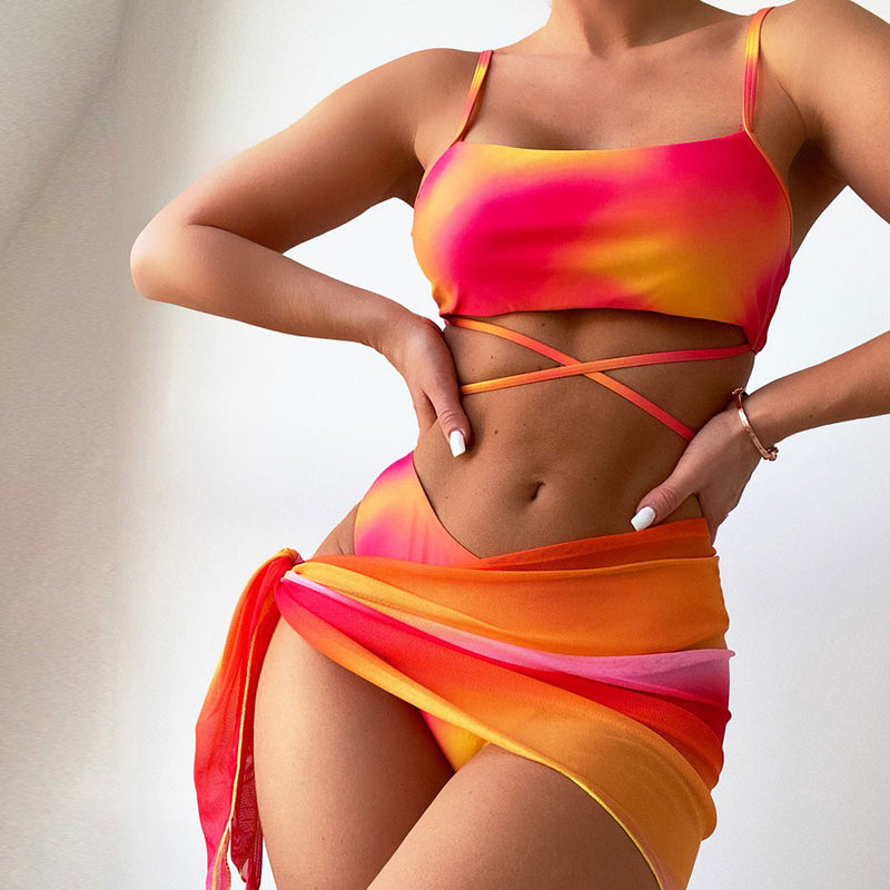 Gradient Sarong Tie Dye Wrap Bralette Brazilian Three Piece Bikini Swimsuit