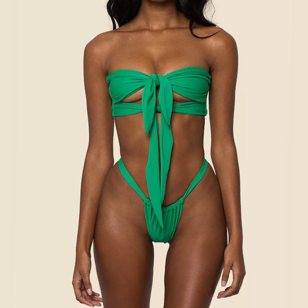 High Cut Cutout Front Knotted Bandeau Brazilian Two Piece Bikini Swimsuit