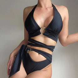 High Cut Cutout O Ring Wrap Halter Brazilian Two Piece Bikini Swimsuit