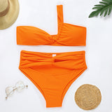 High Cut High Waist Cutout One Shoulder Brazilian Two Piece Bikini Swimsuit