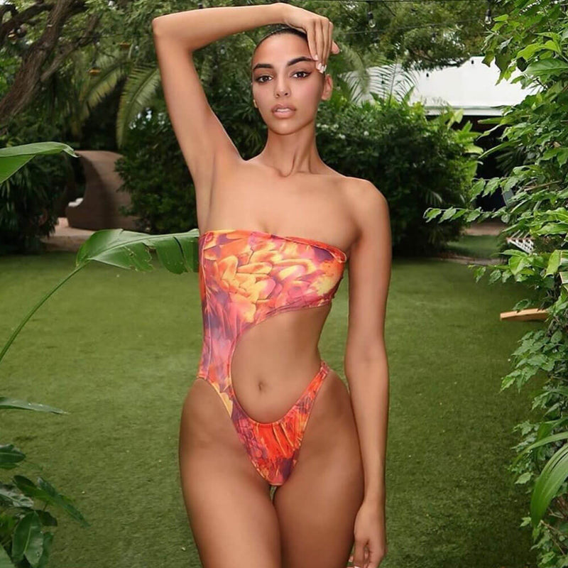 High Cut Leaf Print Cutout Bandeau Brazilian One Piece Swimsuit