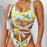 High Cut Lemon Print Crossed Tie Strap Brazilian One Piece Swimsuit