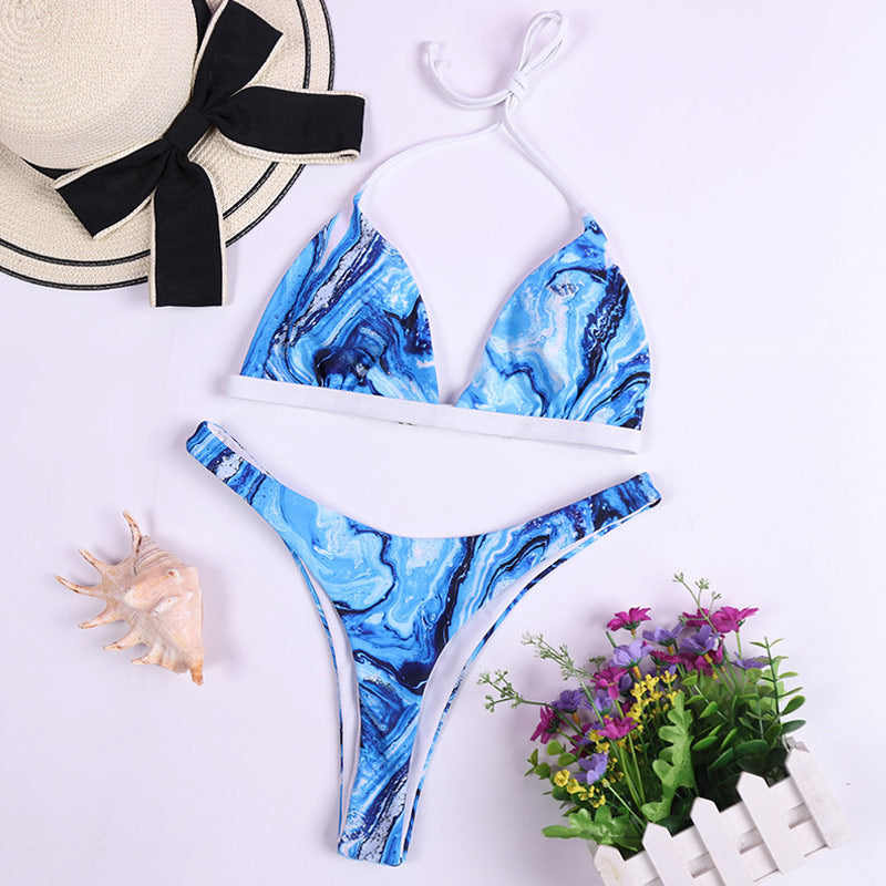 High Cut Ocean Tie Dye Triangle Brazilian Two Piece Bikini Swimsuit