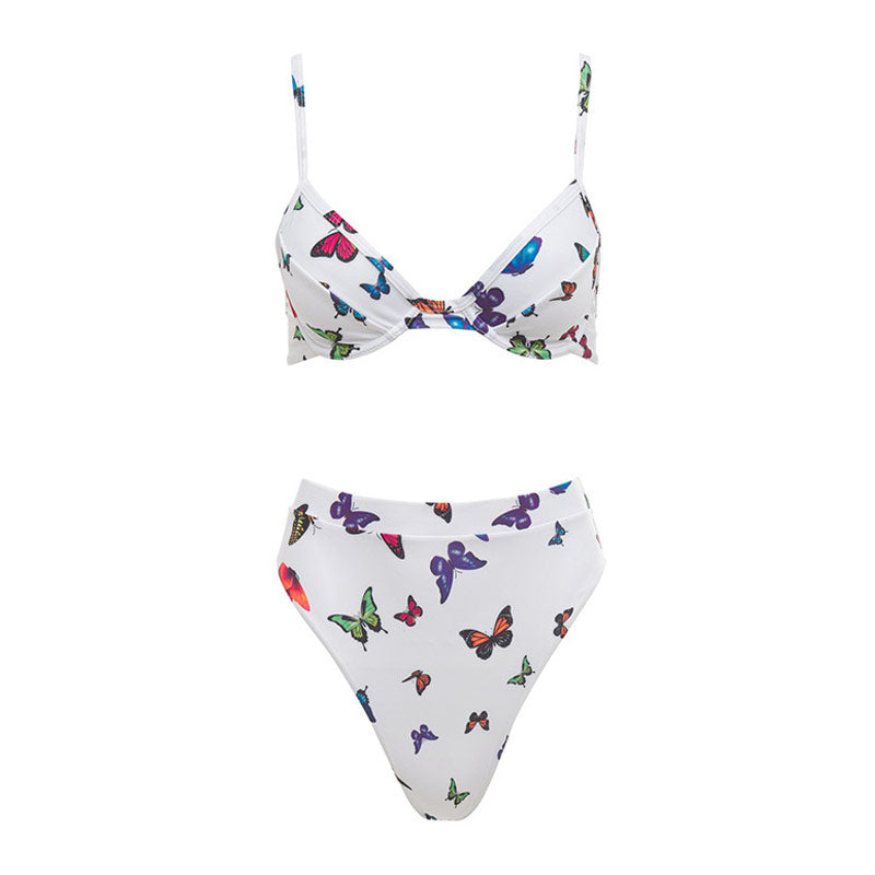 High Waist Butterfly Print Underwire Brazilian Two Piece Bikini Swimsuit
