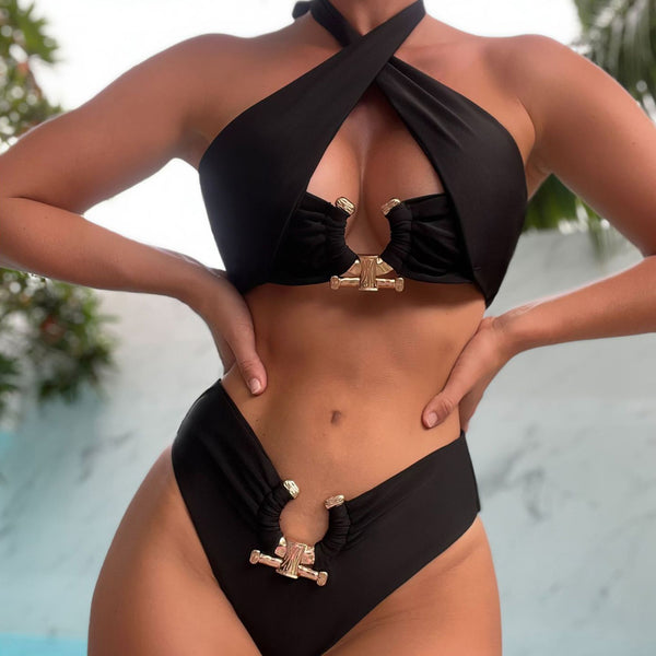 High Waist Cutout Notch Ring Wrap Layer Brazilian Two Piece Bikini Swimsuit