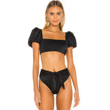 High Waist High Cut Puff Sleeve Square Neck Brazilian Two Piece Bikini Swimsuit