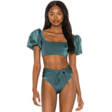 High Waist High Cut Puff Sleeve Square Neck Brazilian Two Piece Bikini Swimsuit