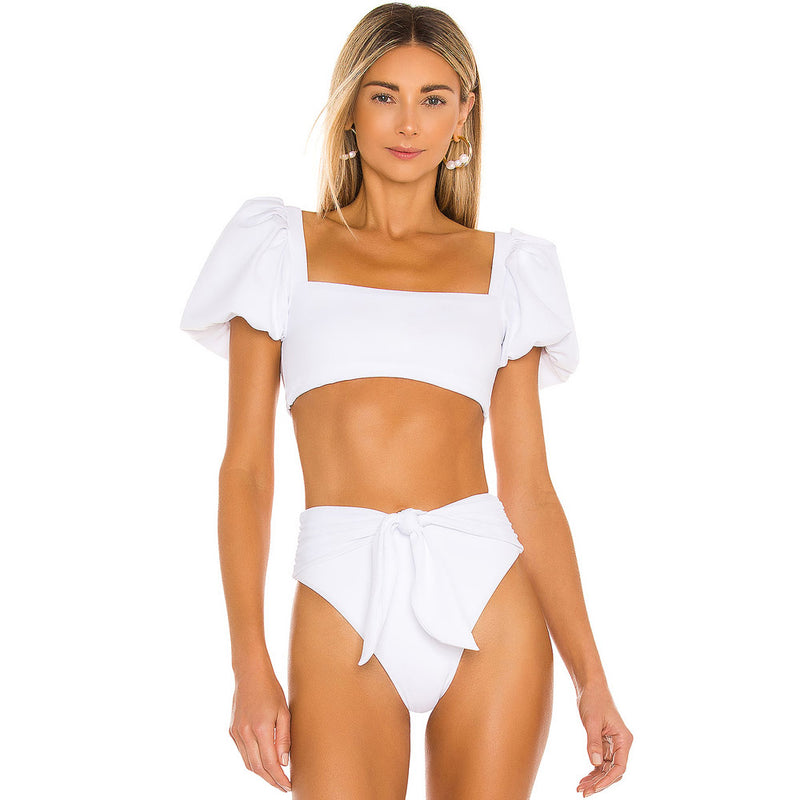 High Waist High Cut Puff Sleeve Square Neck Brazilian Two Piece Bikini Swimsuit