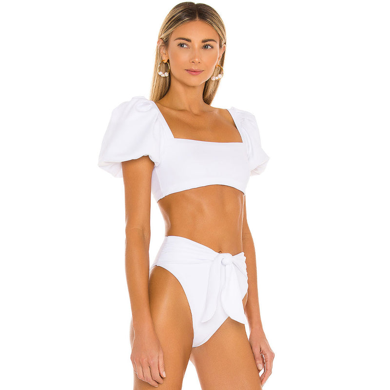 High Waist High Cut Puff Sleeve Square Neck Brazilian Two Piece Bikini Swimsuit