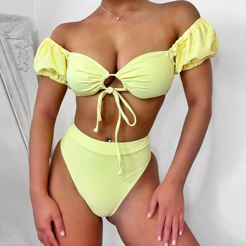 High Waist Short Sleeve Cinch Front Brazilian Two Piece Bikini Swimsuit