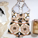 Intricate Floral Boyshort Ring Front Plunging V Brazilian One Piece Swimsuit