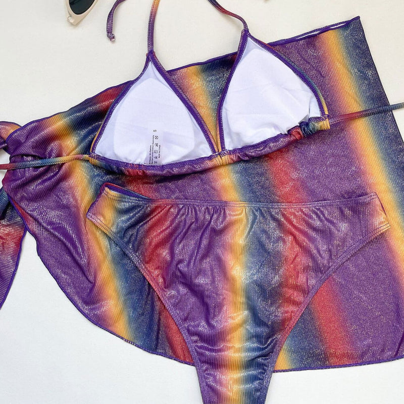 Iridescent Ribbed High Cut Wrap Triangle Brazilian Three Piece Bikini Swimsuit