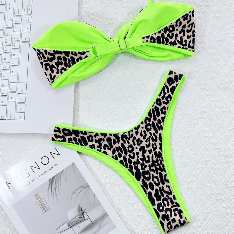 Leopard High Cut Bow Tie Bandeau Thong Brazilian Two Piece Bikini Swimsuit