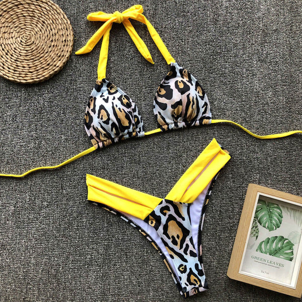 Leopard High Leg Slide Triangle Halter Brazilian Two Piece Bikini Swimsuit