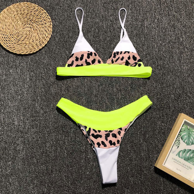 Leopard Panel High Leg Triangle Brazilian Two Piece Bikini Swimsuit