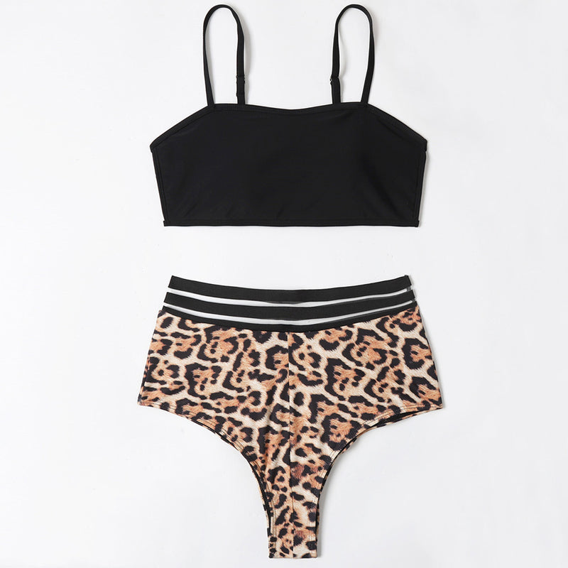Leopard Panel Mesh High Waist Bralette Brazilian Two Piece Bikini Swimsuit