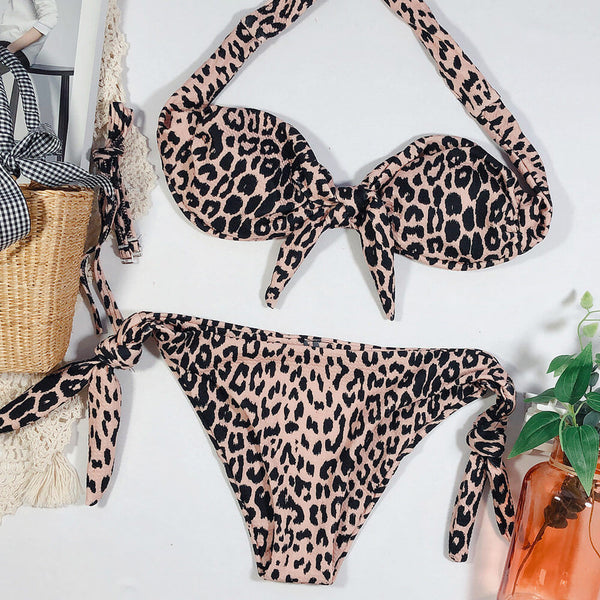 Leopard Print Bow Tie Bandeau Brazilian Two Piece Bikini Swimsuit