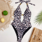 Leopard Print High Cut Cutout Open Back Halter Brazilian One Piece Swimsuit
