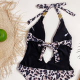 Leopard Print High Cut Cutout Open Back Halter Brazilian One Piece Swimsuit