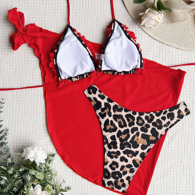 Leopard Print High Cut Ruffle Slide Triangle Brazilian Three Piece Bikini Swimsuit