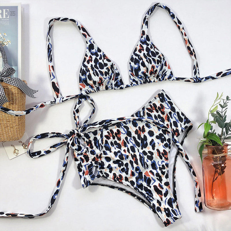 Leopard Print High Waist Slide Triangle Brazilian Two Piece Bikini Swimsuit