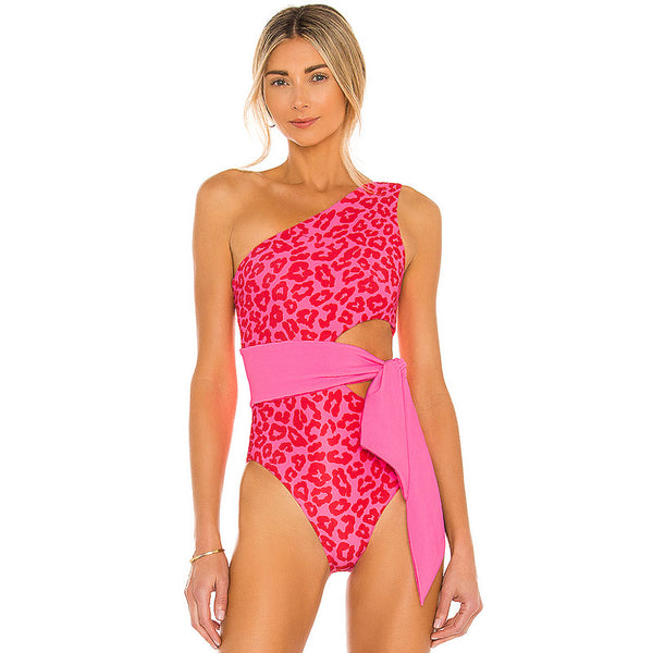 Leopard Print Tie Side Cutout One Shoulder Brazilian One Piece Swimsuit