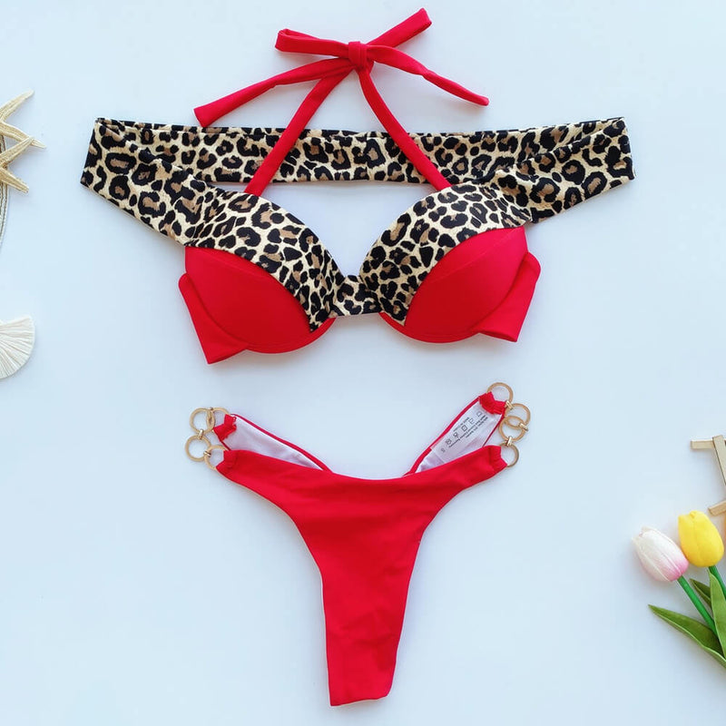 Leopard Thong O Ring Underwire Off Shoulder Brazilian Two Piece Bikini Swimsuit