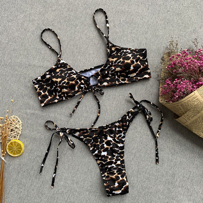 Leopard Tie String Cheeky Brazilian Two Piece Bikini Swimsuit