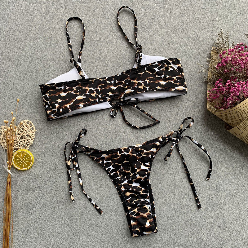 Leopard Tie String Cheeky Brazilian Two Piece Bikini Swimsuit